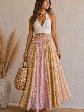 INDUSTRY Floral Panel Maxi Skirt in Pink and Mustard